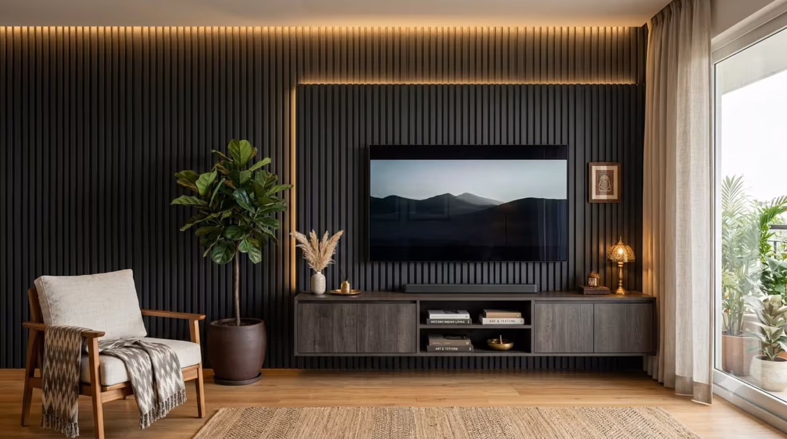 charcoal-fluted-wall-panel-on-a-living-room-feature-wall