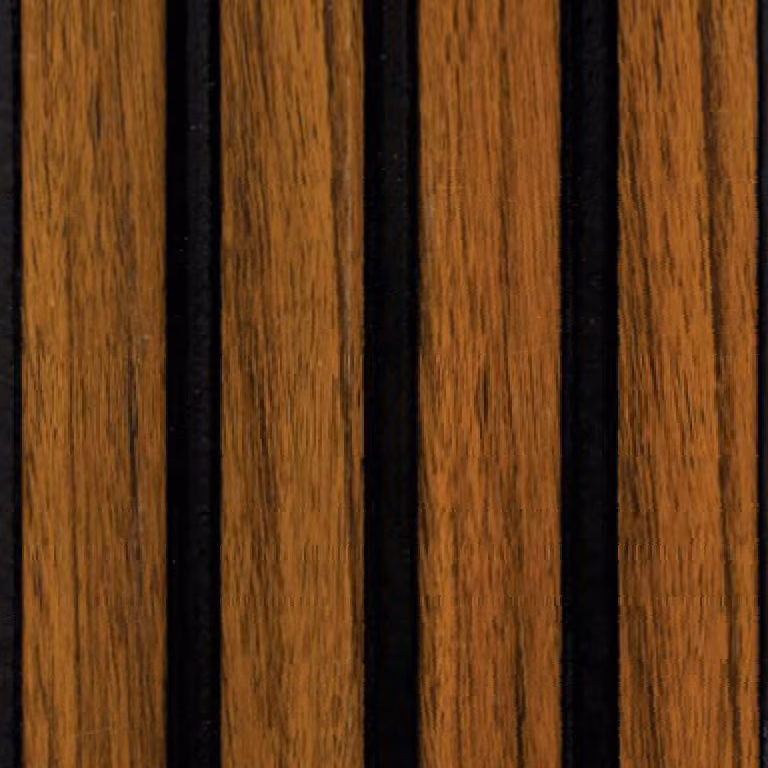 ALLESTTO Warm Walnut Slat – Warm Walnut Slat Charcoal wall panel by E3 Clads, 8 ft x 5 in, Matte finish – Louver Studio Bangalore