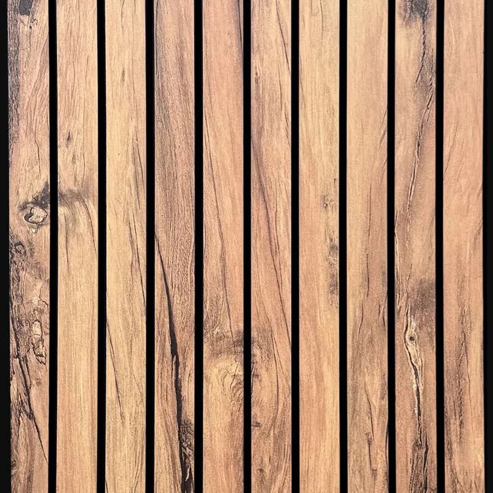LS-115 - Rustic Knotted Oak – Rustic Knotted Oak PVC wall panel by Louver Studio, 9.5 ft x 1 ft, Matt finish – Louver Studio Bangalore